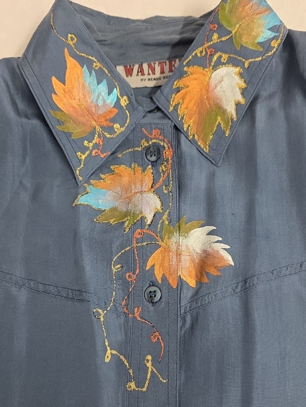 Vintage Blue Silk Floral  Leaf Button Blouse